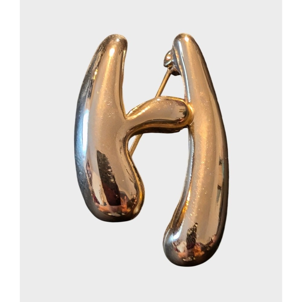 Vintage Gold Tone Brooch Abstract H Organic Sculptural Modernist Pin